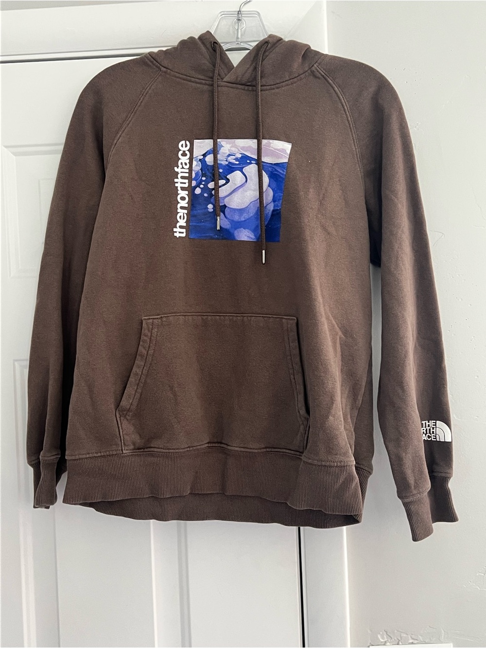 The North Face Brown Hoodie with Blue Graphic Chest Print